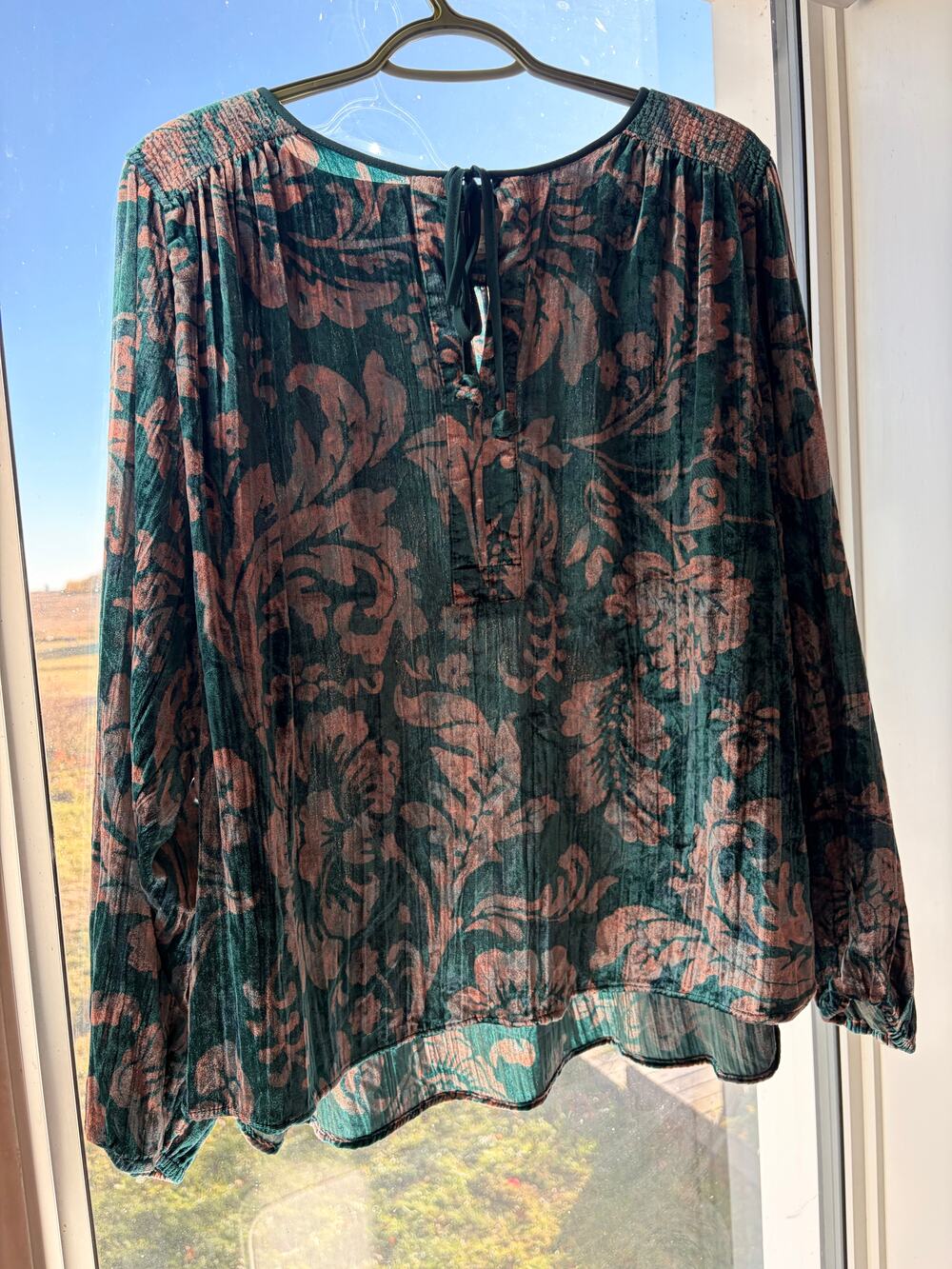 Anthropologie Floral Velvet Blouse Size L Teal Rose Boho Romantic Peasant Top